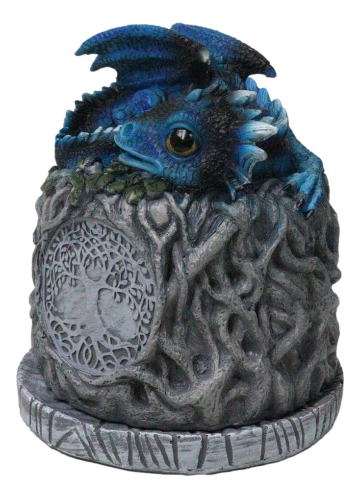 Blue Wyrmling Dragon Sleeping On Tree Of Life Stump Cone Incense Burner Figurine