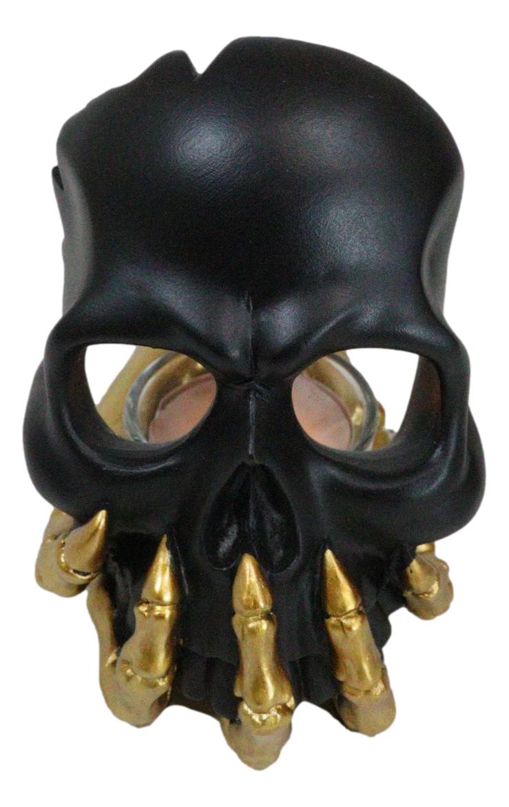 Black Phantom Skull Mask On Gold Skeleton Hand Votive Tea Light Candle Holder