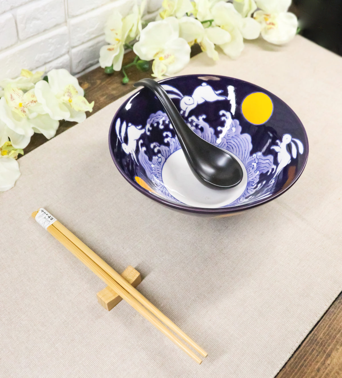 Blue Sky Moon Rabbit Ceramic Ramen Rice Bowl With Soup Spoon Chopsticks And Rest