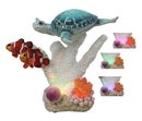 Blue Sea Turtle Swimming with 2 Clownfishes By LED Coral Reef Anemone Figurine