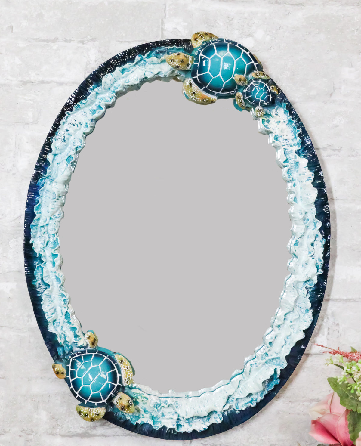 18"H Large Coastal Marine Blue Sea Turtles With Ocean Waves Wall Mirror Decor