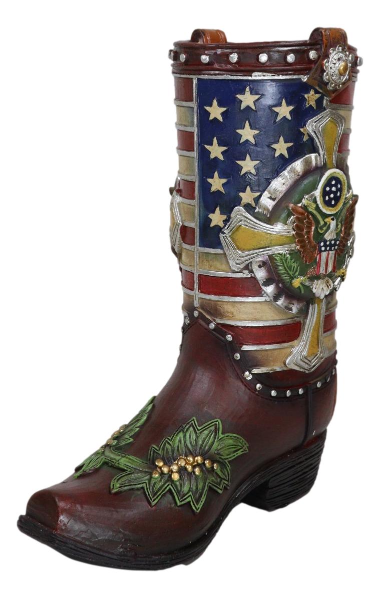 Rustic Western USA Flag Military Cross Olive Branch Cowboy Boot Vase Planter