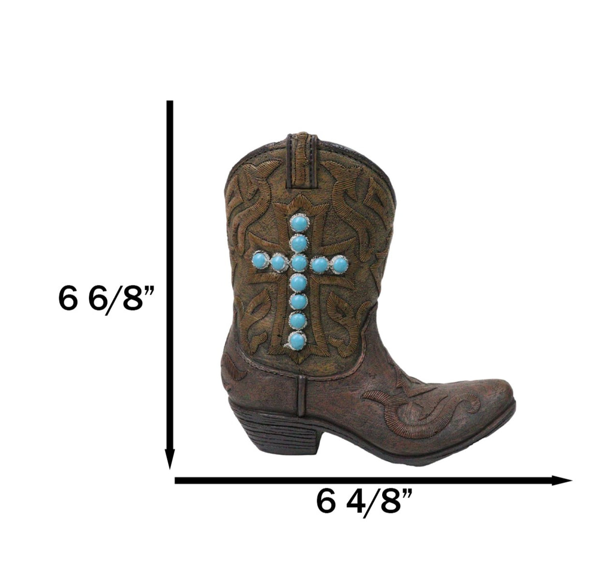 Rustic Western Turquoise Rocks Cross Faux Leather Cowgirl Boot Vase Figurine