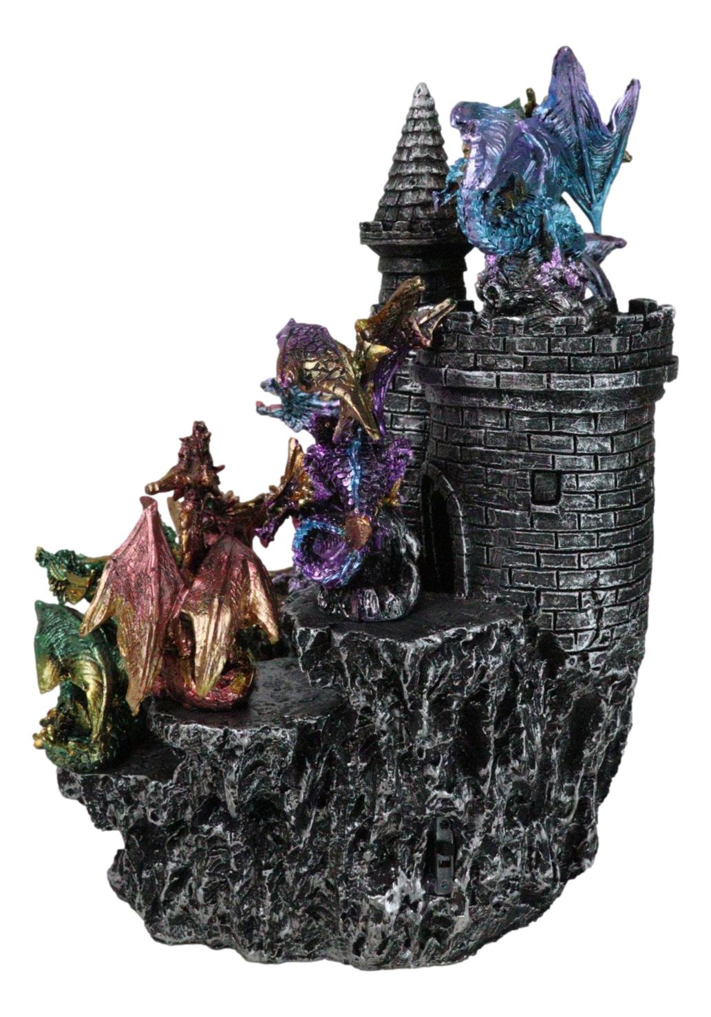 Medieval Colorful 12 Mini Dragons On Mountain Stonewall Castle Display Stand Set