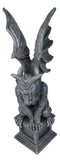 Large 17" H Gothic Crouching Wise Old Griffin Gargoyle On Pedestal Figurine