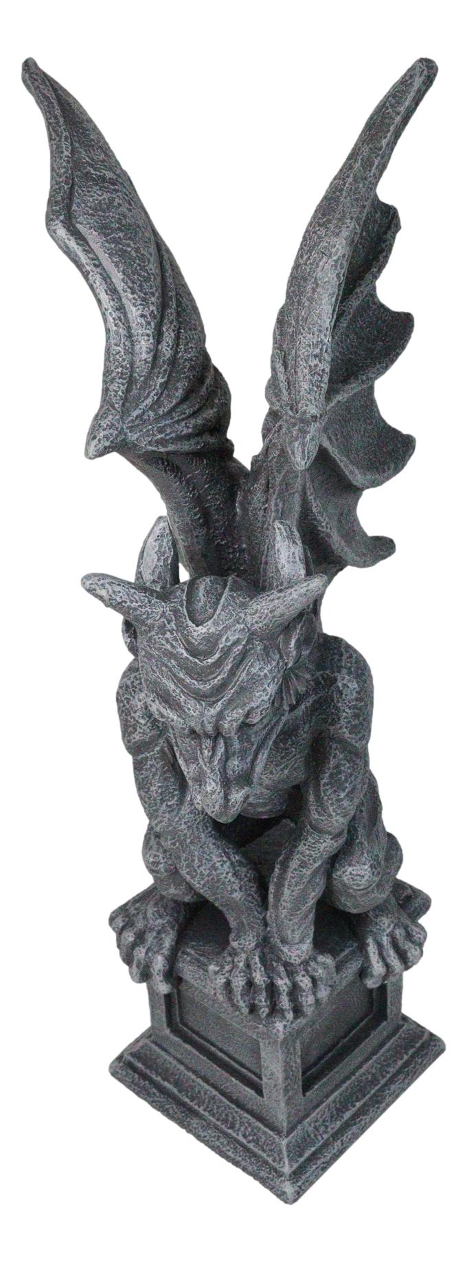 Large 17" H Gothic Crouching Wise Old Griffin Gargoyle On Pedestal Figurine