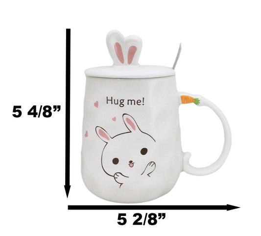 White Bunny Rabbit Hug Me Ceramic Mug With Bunny Ears Lid And Stirring Spoon