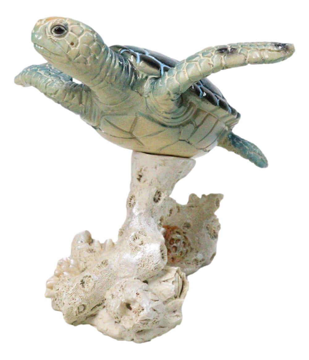 Ebros Sea Turtle Blue Shell Swimming Over Coral Reef Resin Figurine 4.25"H
