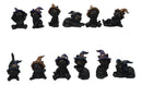 Set of 12 Halloween Black Cats With Witch Hats Mini Figurines In Multi Poses