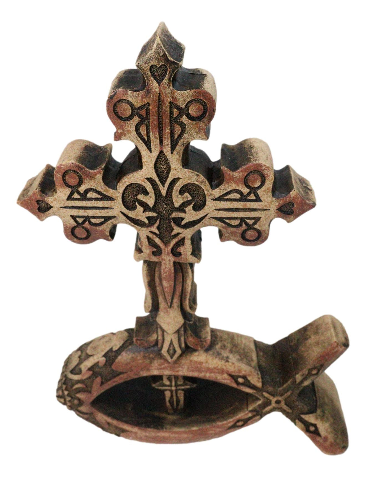 Christian Tuscany Scrollwork Cross On Jesus Fish Ichthys Base Faux Wood Figurine
