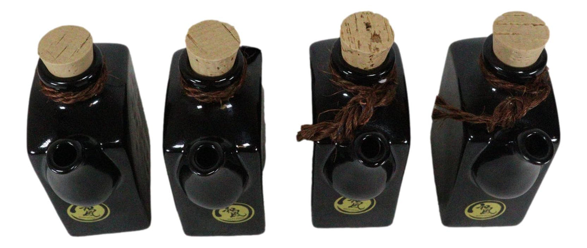 Set Of 4 Black Traditional Japan Soy Sauce Dispenser Flask 9oz Calligraphy - Ebros Gift