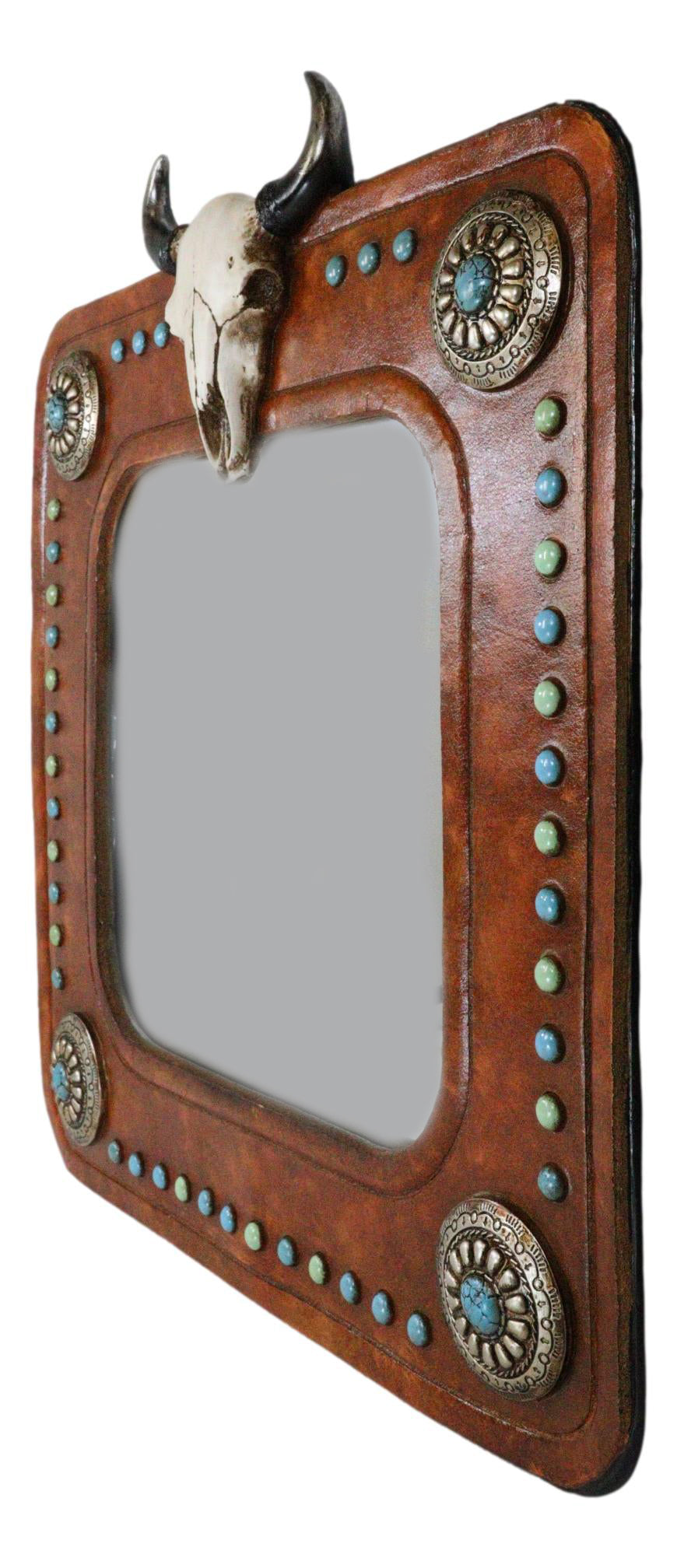 Rustic Western Bull Cow Skull And Turquoise Silver Conchos Faux Leather Mirror