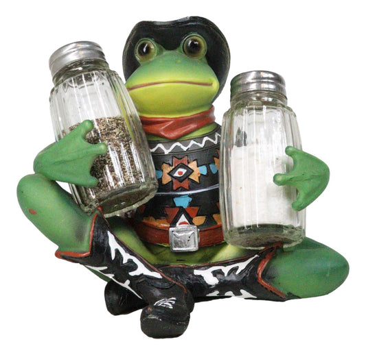 Cowboy Toad Frog With Hat Boots And Southwest Serape Salt Pepper Shakers Holder