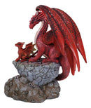 Red Fire Elemental Dragon with Baby Hatchling Standing On Rock Cliff Figurine