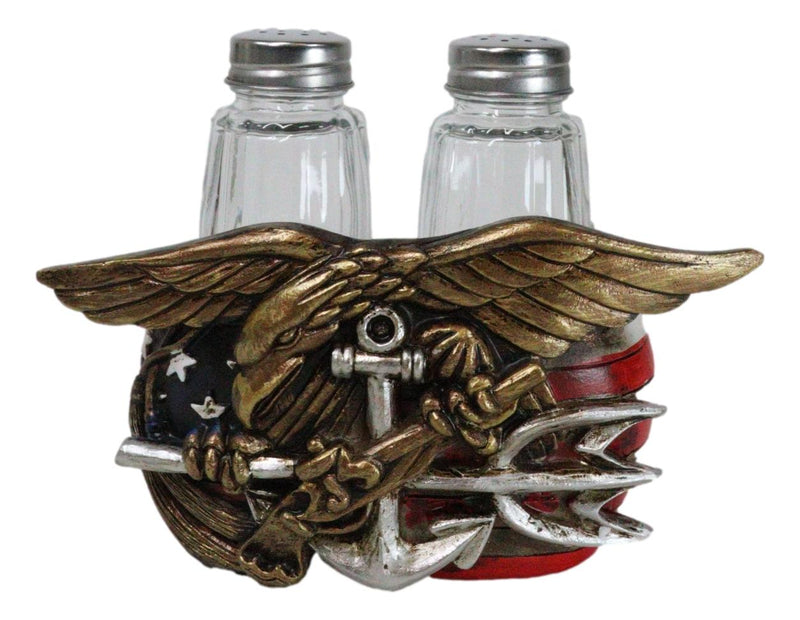 US Navy Sailor Eagle Anchor Trident Emblem And Flag Salt Pepper Shakers Holder