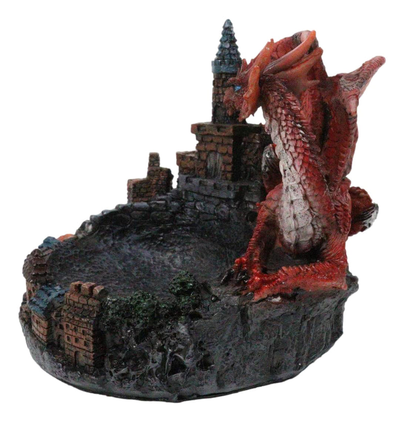 Medieval Red Dragon On Castle Tower Decorative Ashtray Or Key Coin Dish Figurine