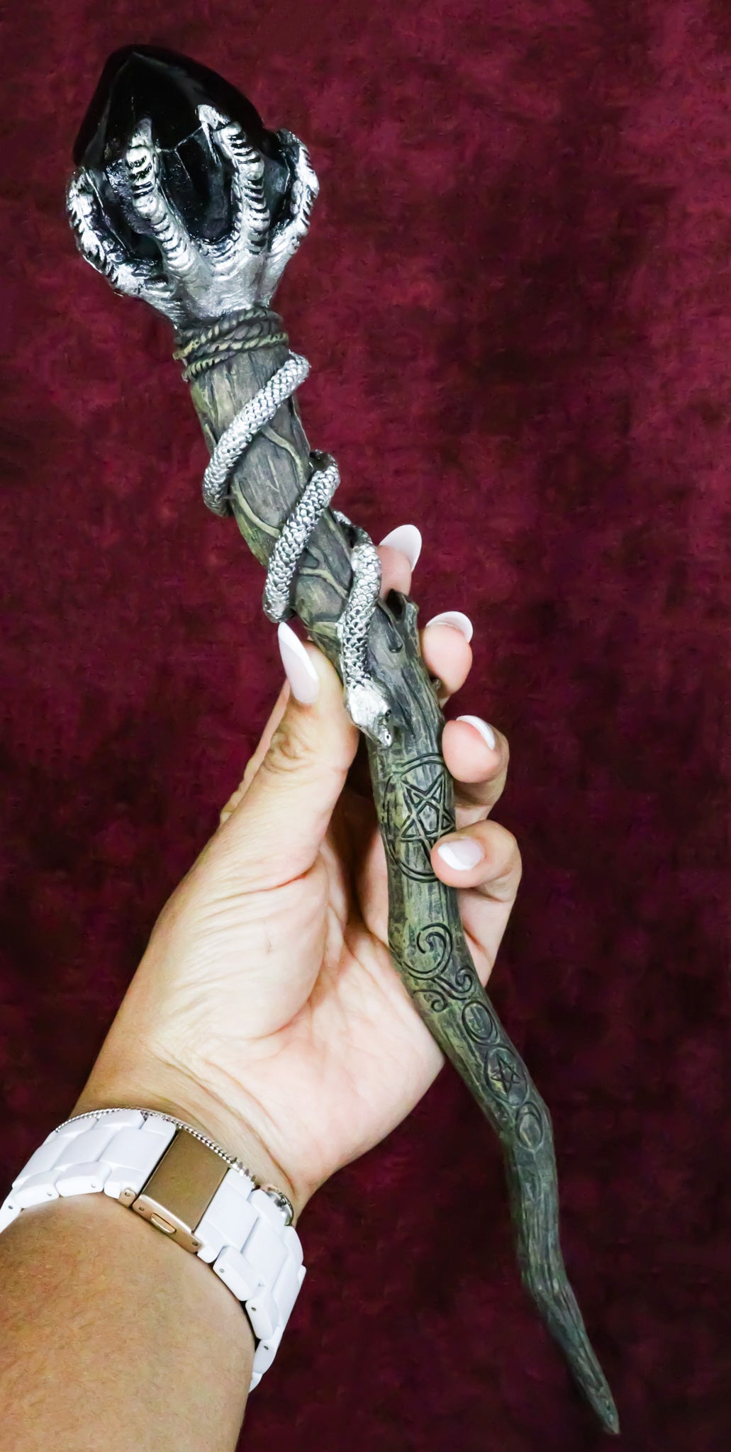 Silver Skeletal Hands Black Magic Stone Cosplay Wand 13" Accessory Costume Prop