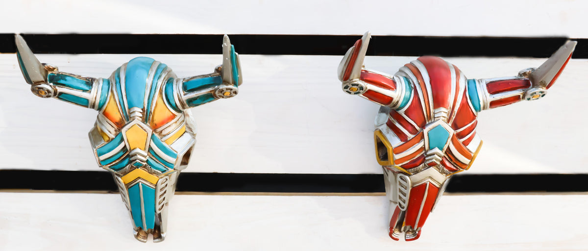 Set of 2 Red and Blue Western Robotic Cyborg Horned Cow Skull Wall Decors