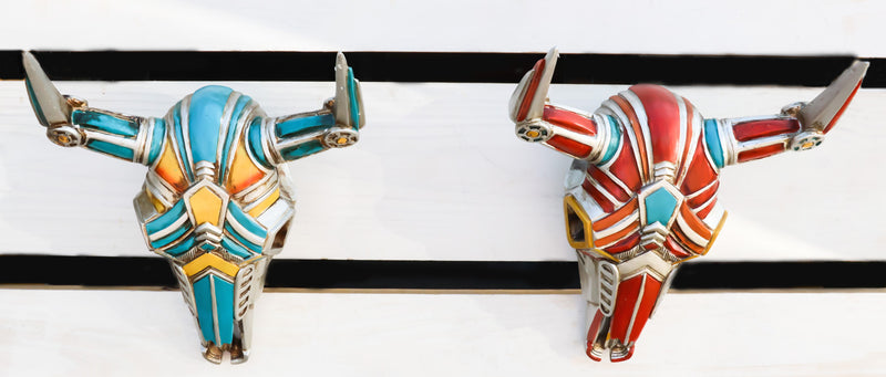 Set of 2 Red and Blue Western Robotic Cyborg Horned Cow Skull Wall Decors