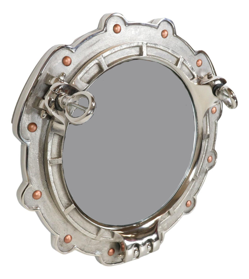 Polished Aluminum Nautical Marine Round Ship Porthole Folding Wall Mirror 14.5"D