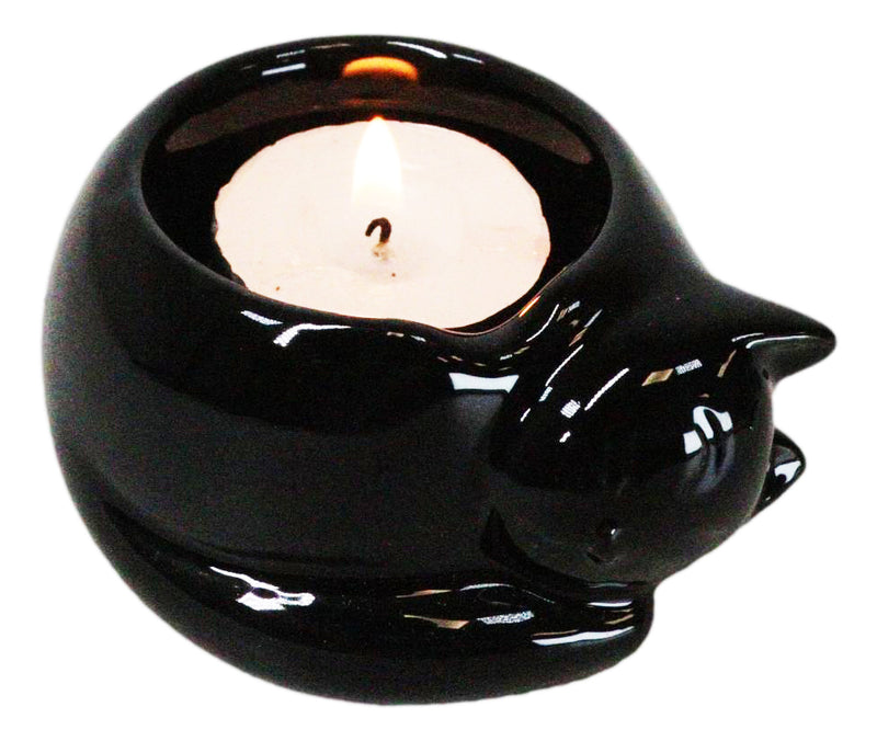 Pack Of 2 Wicca Ceramic Sleeping Black Feline Cat Tea Light Votive Candleholder