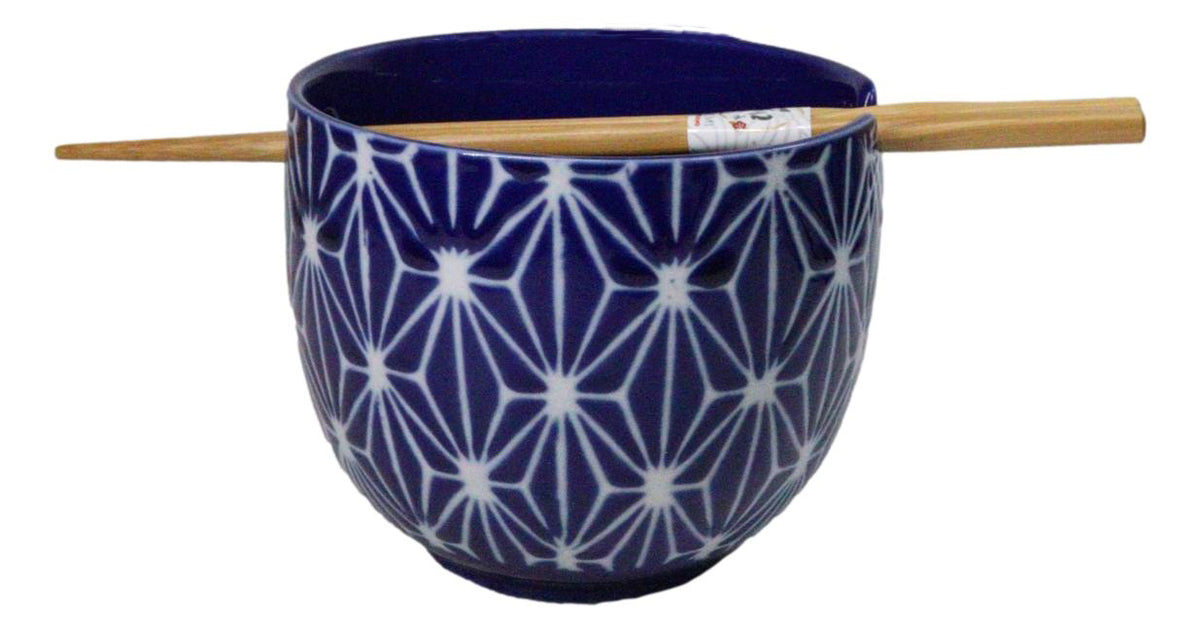 Asanoha Geometric Blue And White Donburi Ramen Soup Bowl With Chopsticks