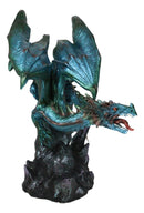 Large Aquamarine Iridescent Dragon Guarding LED Faux Crystal Geode Rock Figurine