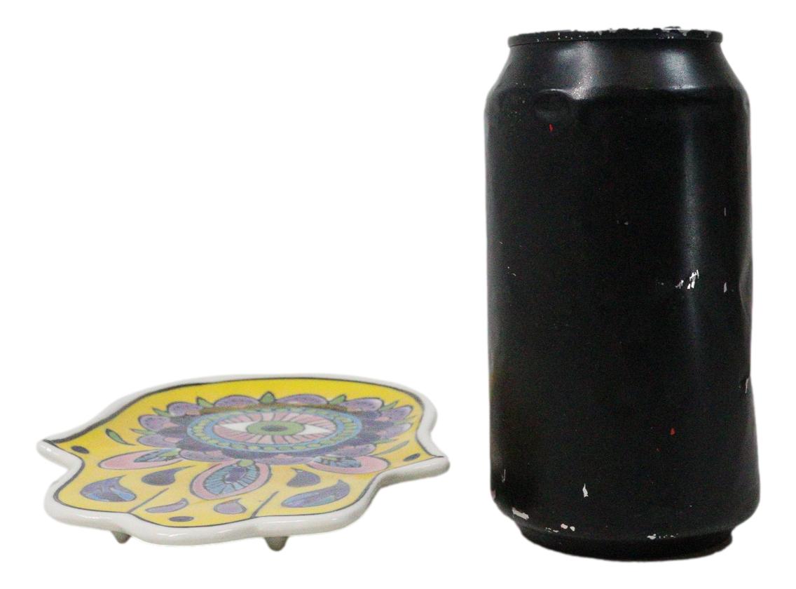 Yellow Chakra Hamsa Palm Mandala and Evil Eye Ceramic Dish Brass Incense Holder