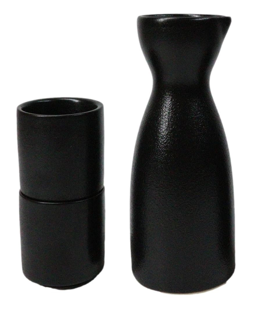 Minimalistic Black Kokuyo Porcelain Japanese Wine Sake Flask With 2 Cups Set