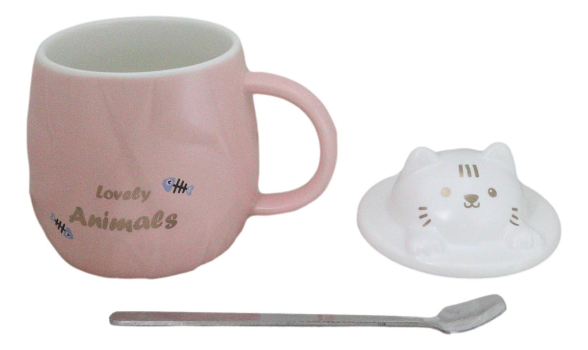 Whimsical Pastel Pink Feline Kitty Cat Cup Mug With Lid And Stirring Spoon
