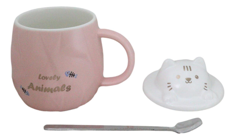 Whimsical Pastel Pink Feline Kitty Cat Cup Mug With Lid And Stirring Spoon