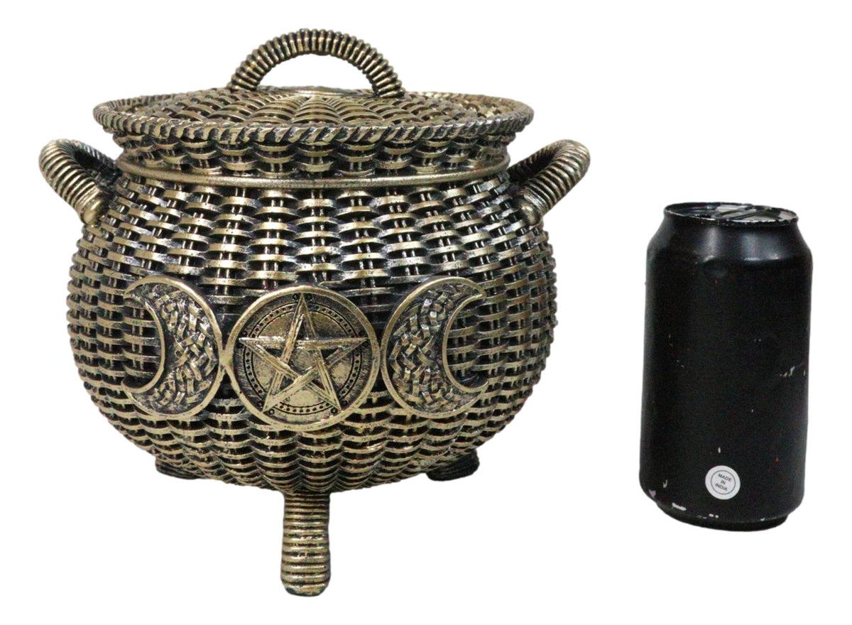 Wiccan Triple Moon Cauldron Pot In Wicker Finish Decorative Trinket Crystals Box - Ebros Gift