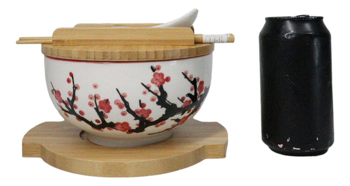 White Ume Plum Blossoms Donburi Ramen Bowl With Lid Trivet Spoon Chopsticks Set