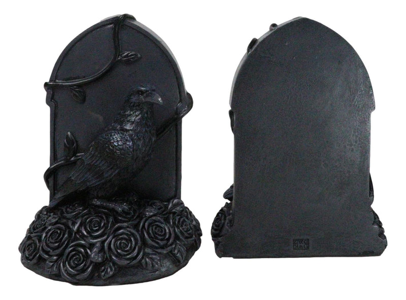 Dark Prophecy Raven Crow Perching On Black Roses Tombstone Figurine Bookends