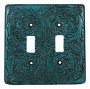 Set of 2 Western Tooled Floral Lace Turquoise Wall Double Toggle Switch Plates