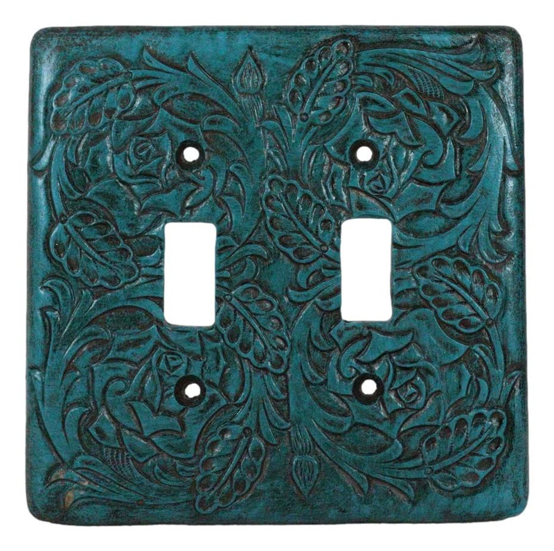 Set of 2 Western Tooled Floral Lace Turquoise Wall Double Toggle Switch Plates