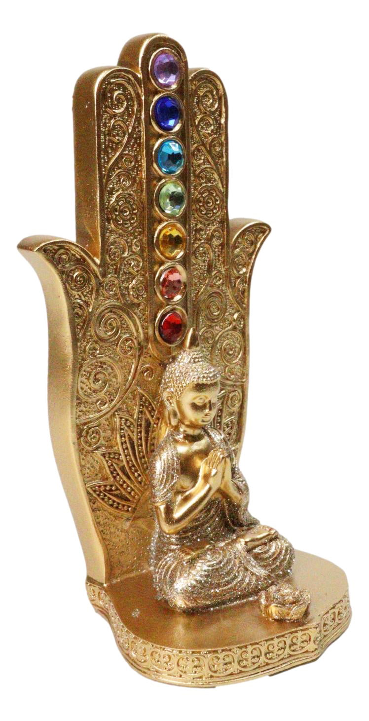 Golden Nirvana Hamsa Palm Buddha Rainbow Chakra Stones Incense Holder Figurine