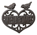 Cast Iron 2 Lovebirds Perching On Scrollwork Heart Welcome Sign Wall Plaque