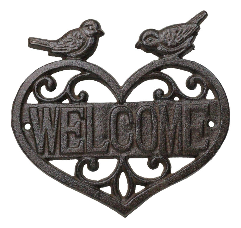 Cast Iron 2 Lovebirds Perching On Scrollwork Heart Welcome Sign Wall Plaque