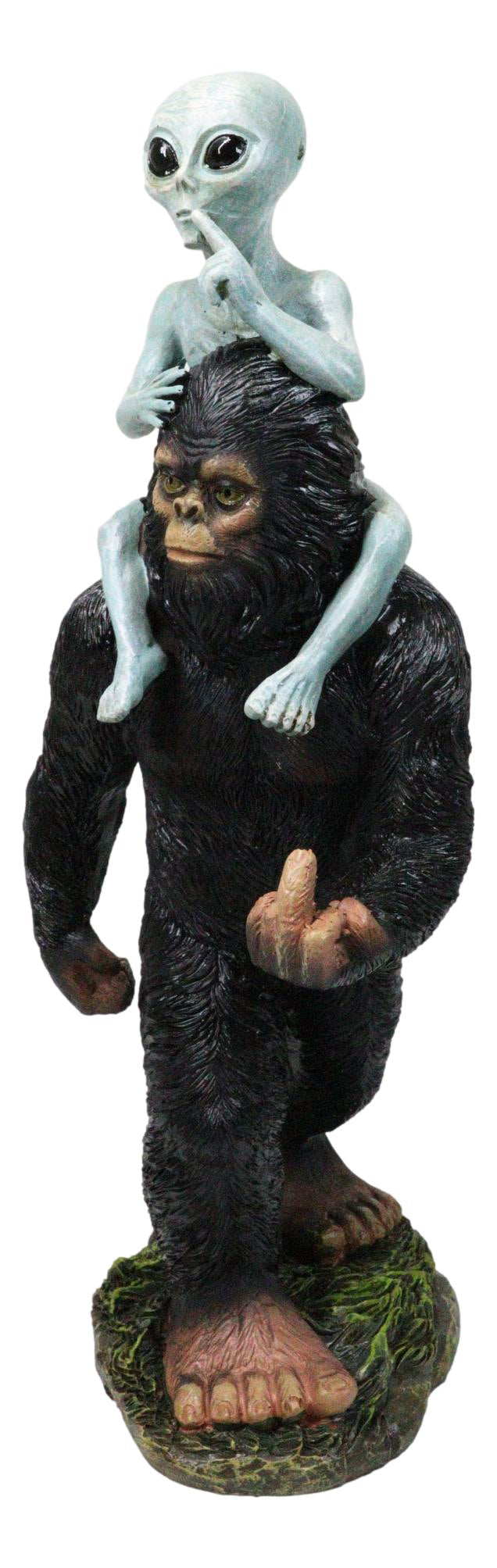 Large Sasquatch Bigfoot Flipping Off With Roswell Alien On Shoulders Figurine