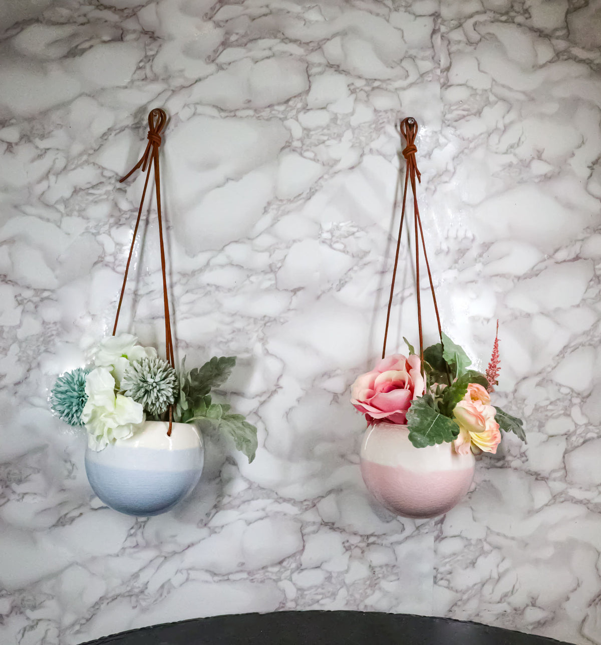 Set of 2 Pastel Blue and Pink Hanging Pot Planters With Leather Rope Strings