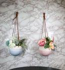 Set of 2 Pastel Blue and Pink Hanging Pot Planters With Leather Rope Strings