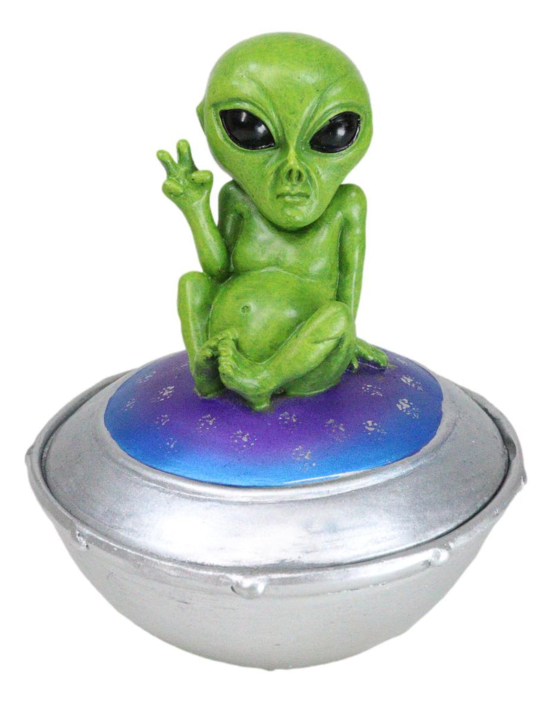 UFO Green Extra Terrestrial Roswell Alien On Spaceship Trinket Box Figurine