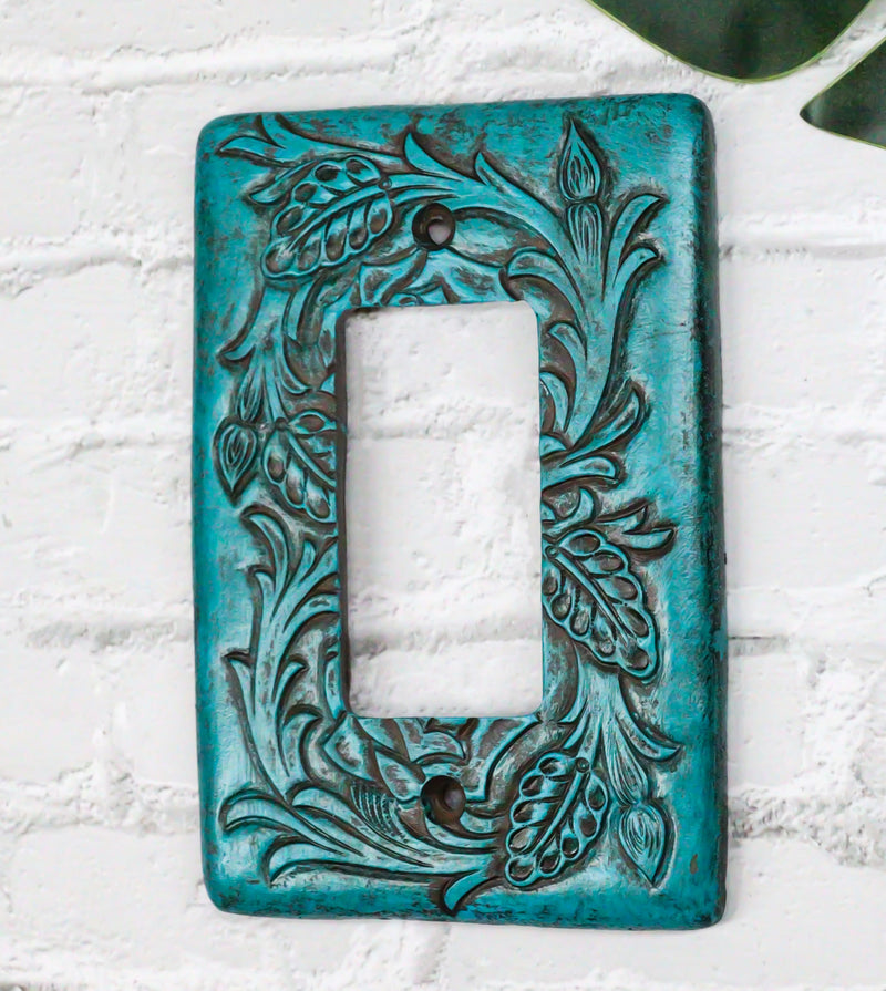 Set of 2 Western Tooled Floral Turquoise Wall Single Gang Rocker Switch Plates