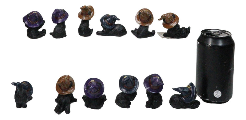 Set of 12 Halloween Black Cats With Witch Hats Mini Figurines In Multi Poses