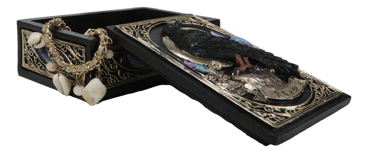 Mystic Raven Crow Crescent Moon Wicca Divination Ornate Tarot Cards Trinket Box