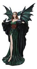 Large Gothic Dragon Fairy Queen In Long Green Robe With Ravens Statue 17"H