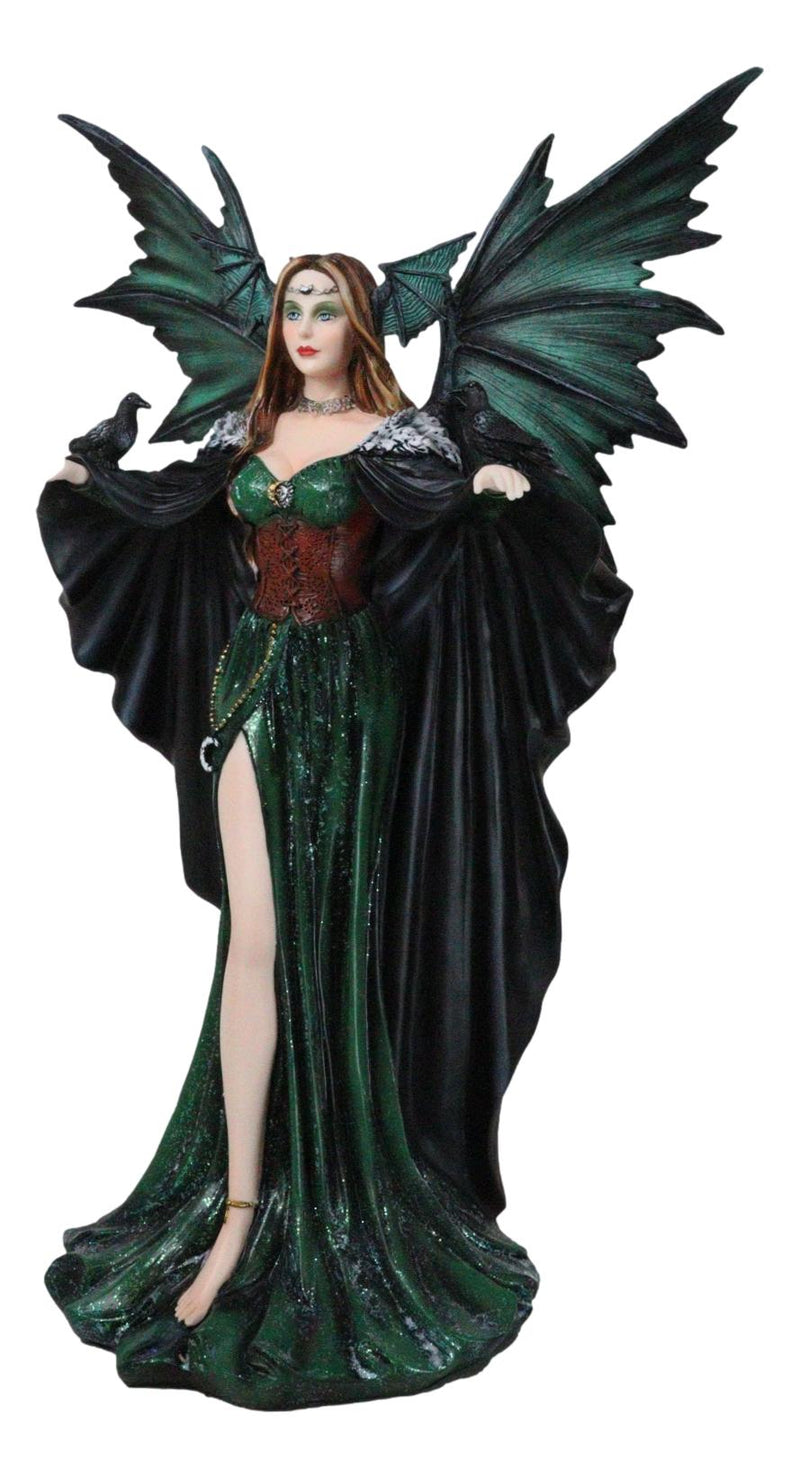 Large Gothic Dragon Fairy Queen In Long Green Robe With Ravens Statue 17"H