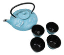 Turquoise Blue Lucky Koi Fishes Tetsubin 27oz Cast Iron Tea Pot With 4 Cups Set