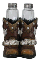 Rustic Western Silver Conchos Cowboy Boots With Spur Salt Pepper Shakers Holder